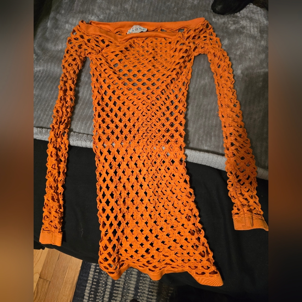 Orange Fishnet Long Sleeve Top